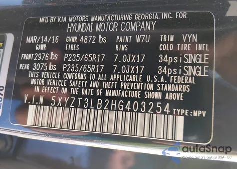 2017 Hyundai Santa Fe Sport 2.4L z USA, uszkodzony, nr VIN 5XYZT3LB2HG403254